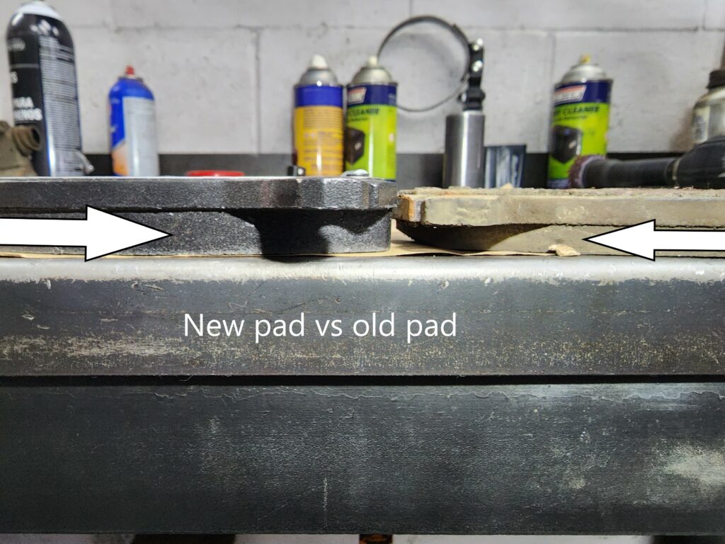 Brake squeak, shows difference between old and new brake pads Brake squeak, shows old and new brake pads. brake noise, brake repair kennewick wa. meyers auto tech,